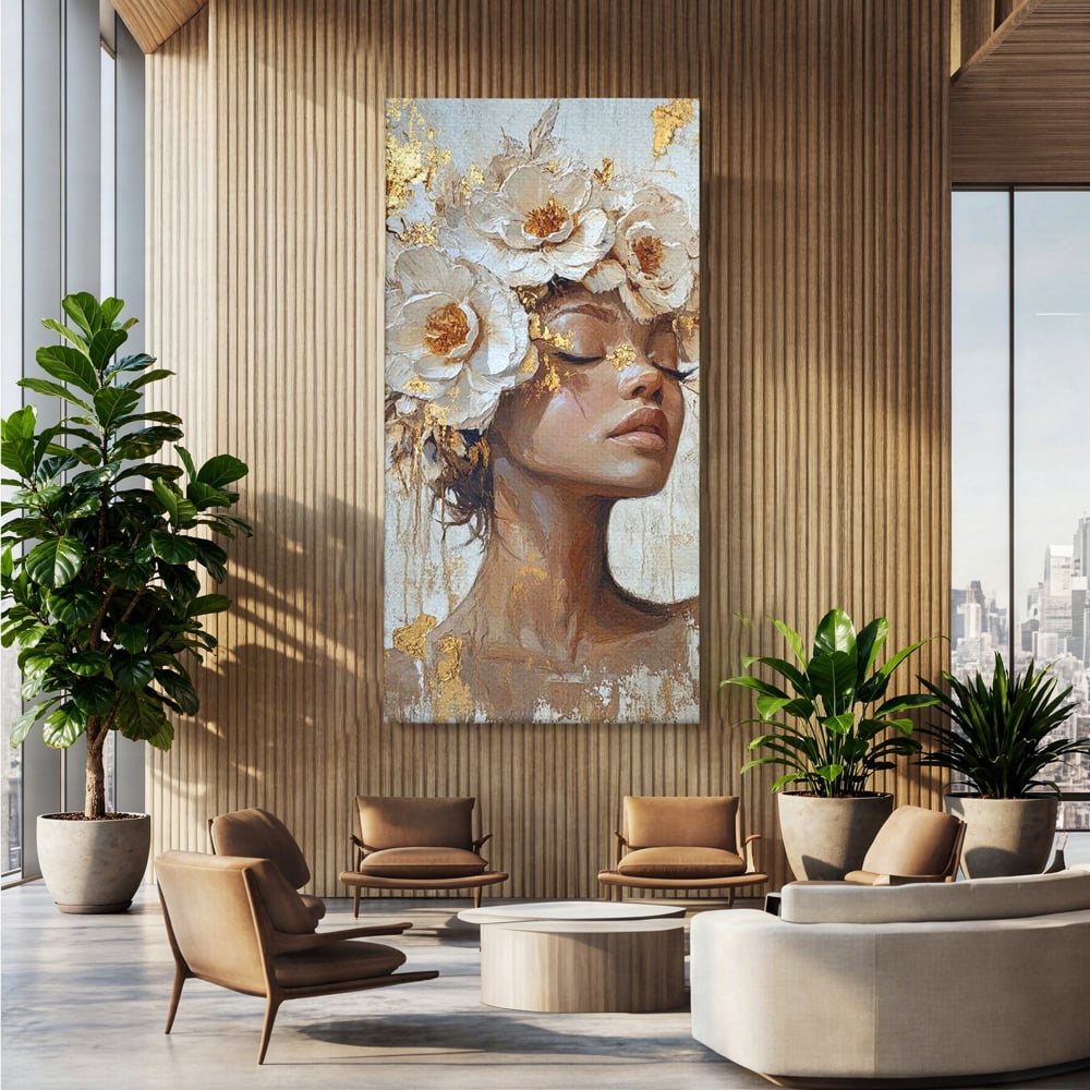 Tablou canvas cu tablou canvas cu portretul unei femei, fara rama, pe sasiu de lemn, pe perete intr-un birou